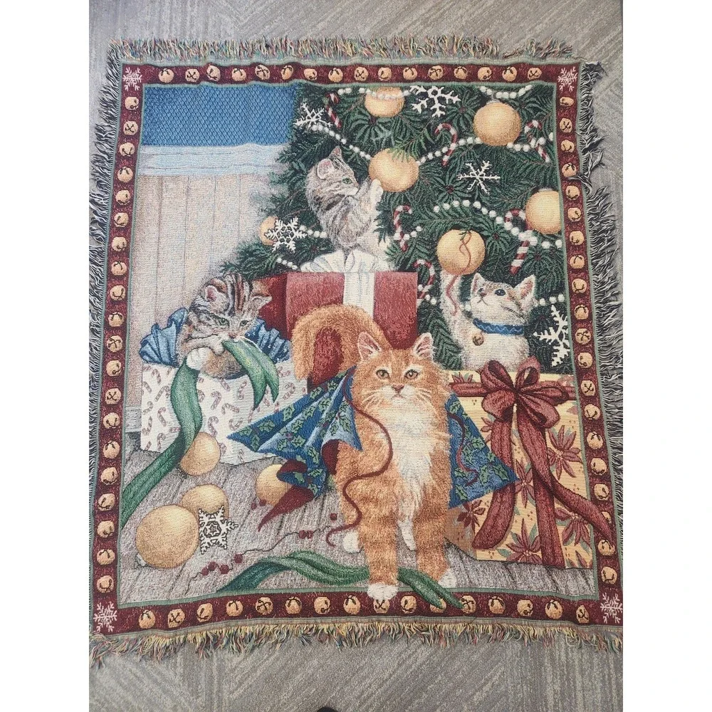 Vintage Tapestry Throw Blanket Cats And Christmas Tree Jingle Bells Cottagecore